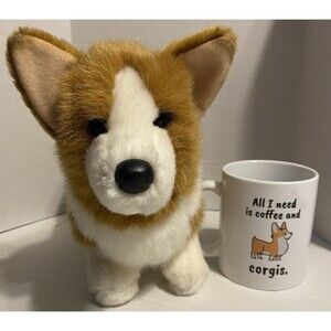 LOT Corgi Dog Plush Stuffed Animal Toy & All I Need Is Coffee & Corgis Mug Cup